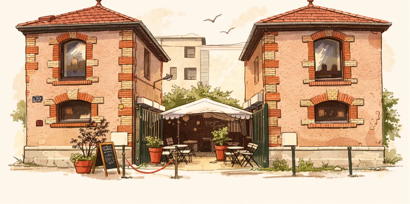 Dessin aquarelle des deux pavillons de Maison Béguin